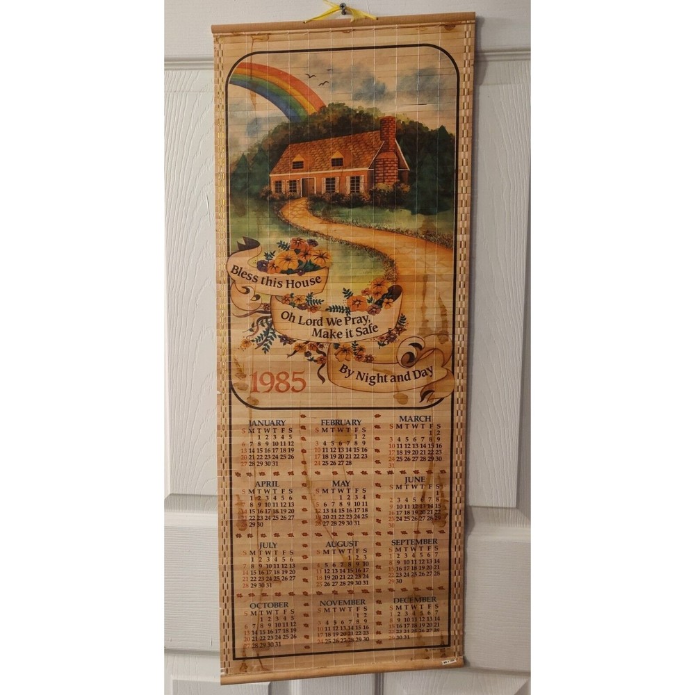 GIFTCO 1985 Bless This House We Pray Make safe CALENDAR WALL SCROLL BAMBOO WOOD